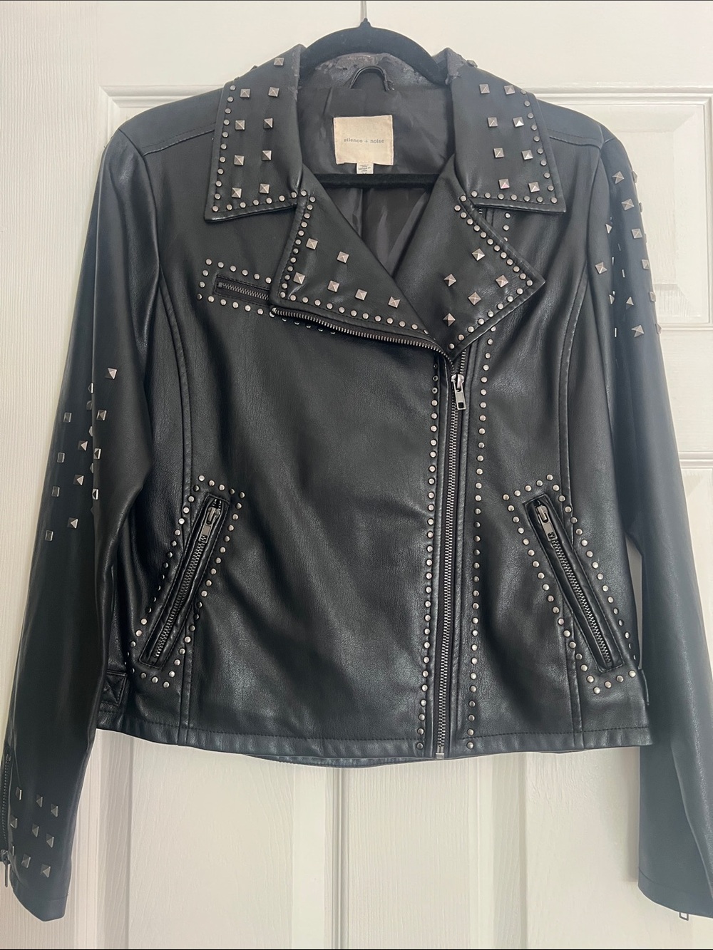 Silence & Noise black faux leather studded moto jacket with beautiful embroidery